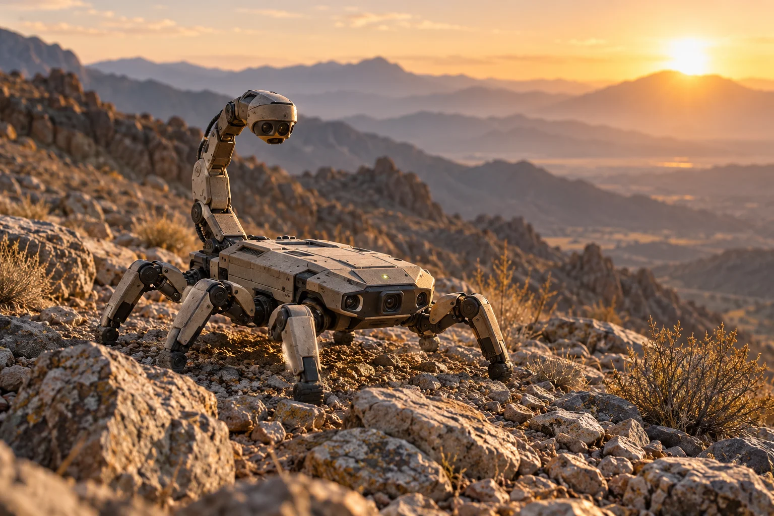 Concept of a rock-colored, scorpion-inspired inspection crawler with a curved optical sensor mast in rocky foothills.
